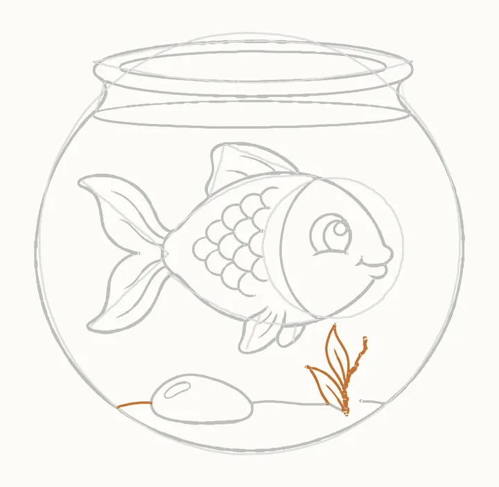 How to draw a fish in a bowl, step 16: the water plant