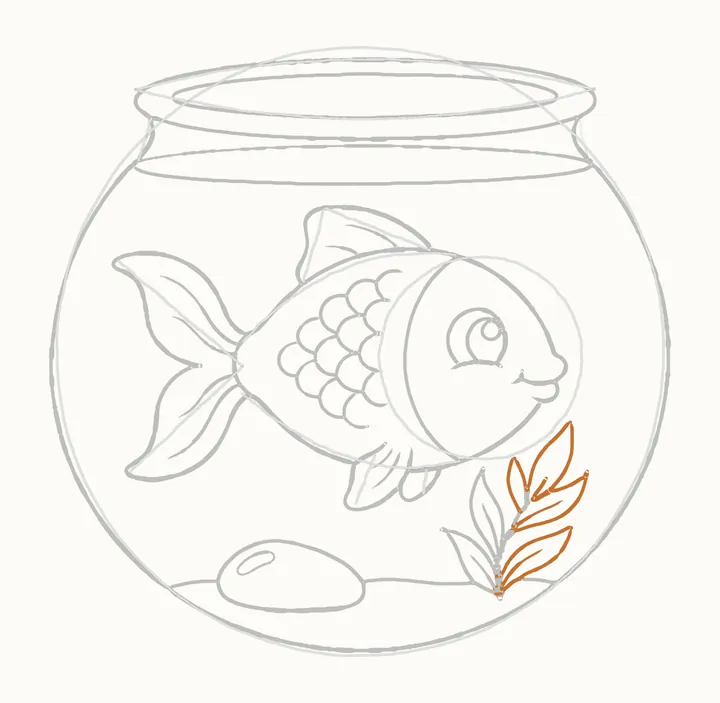 How to draw a fish in a bowl, step 17: leaves on the right