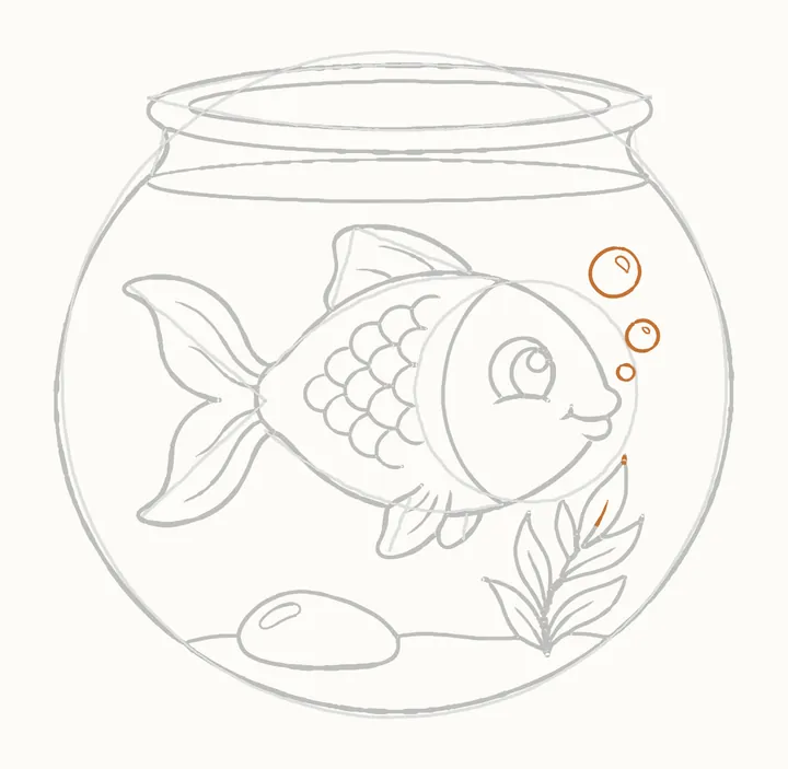 How to draw a fish in a bowl, step 18: the bubbles