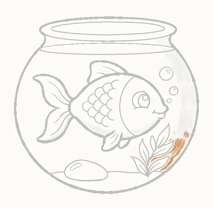 How to draw a fish in a bowl, step 27: towards the bottom
