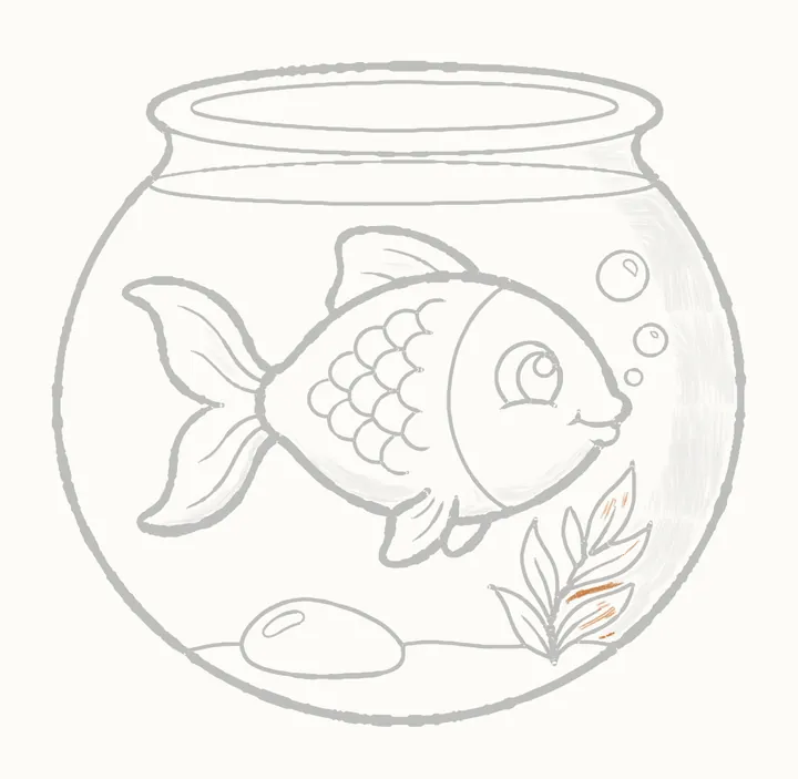 How to draw a fish in a bowl, step 28: between the leaves