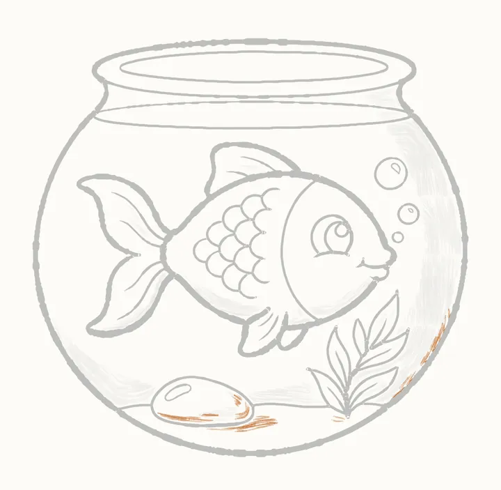 How to draw a fish in a bowl, step 30: deep shadows at the bottom