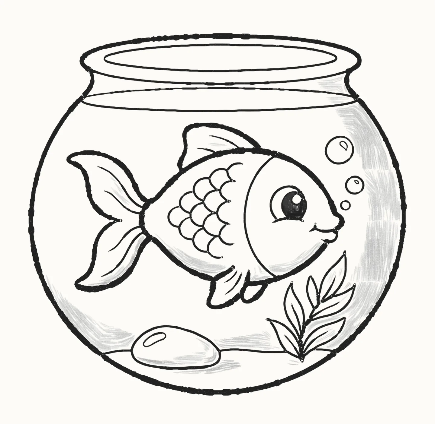 A finished pencil drawing of a cute goldfish in a round fish bowl with a pebble, a water plant and bubbles
