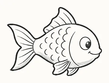A finished pencil drawing of a cute fish with a big round eye, a smile, a wavy top fin and rows of scales