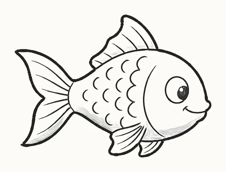 A finished pencil drawing of a cute fish with a big round eye, a smile, a wavy top fin and rows of scales