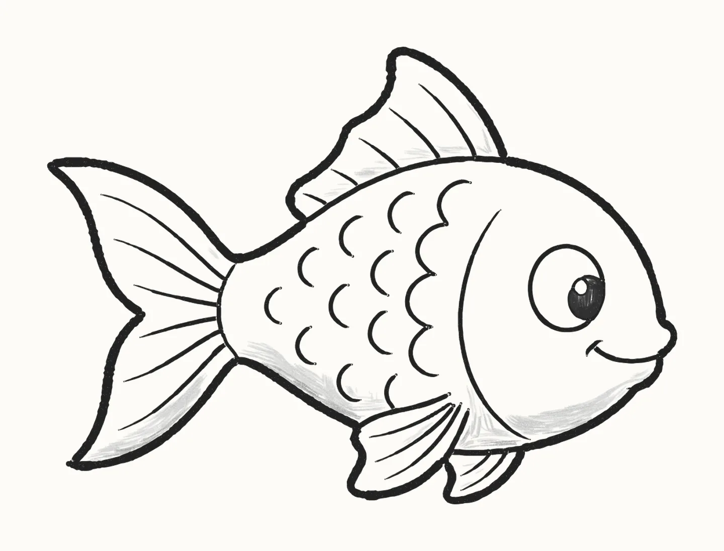 A finished pencil drawing of a cute fish with a big round eye, a smile, a wavy top fin and rows of scales