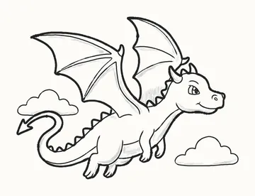 Dibujo a lápiz terminado de un dragoncito tierno volando con las alas abiertas, una cola enroscada y nubes esponjosas
