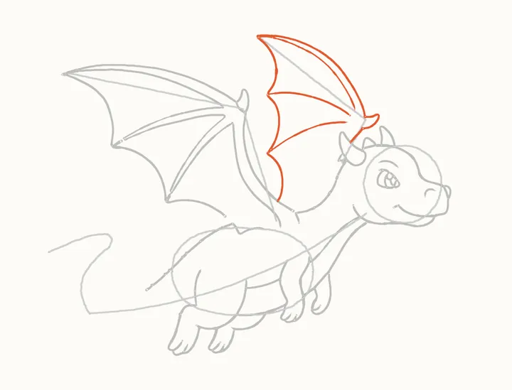 How to draw a flying dragon, step 9: the far wing