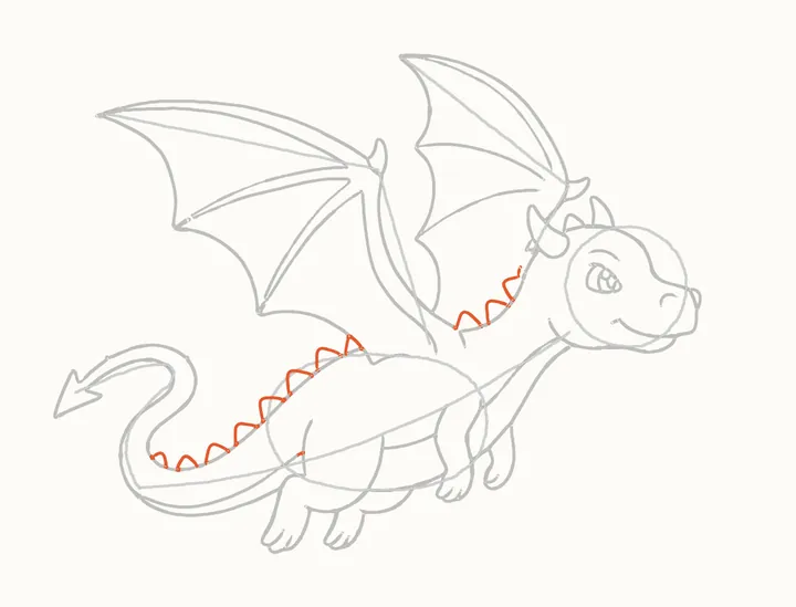 How to draw a flying dragon, step 11: the spikes