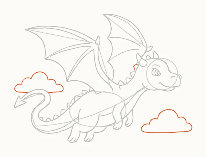 How to draw a flying dragon, step 12: the clouds