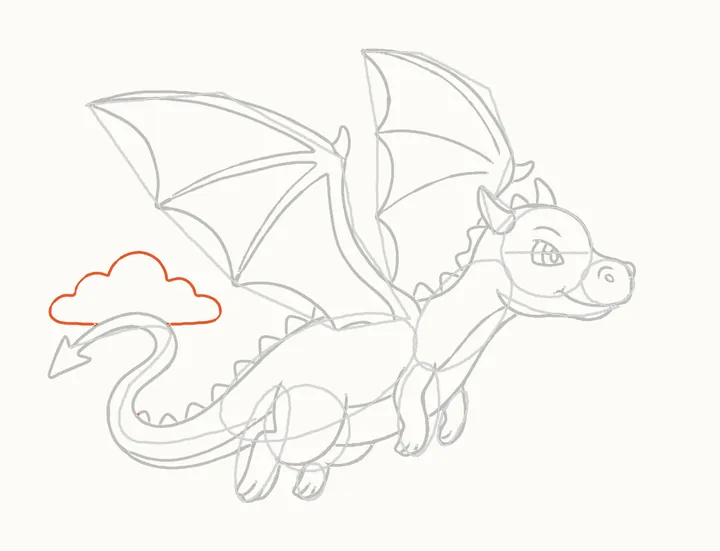 Cómo dibujar un dragón volando, paso 24: la nube detrás de la cola