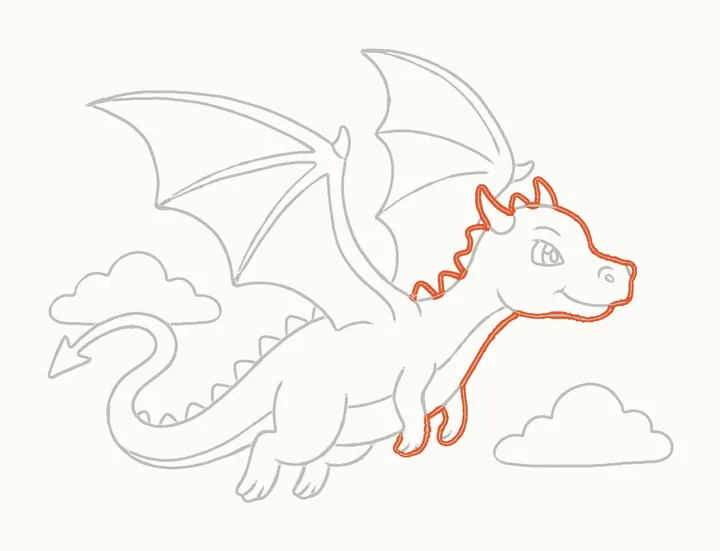 Cómo dibujar un dragón volando, paso 27: repasa la cabeza y las patas de adelante