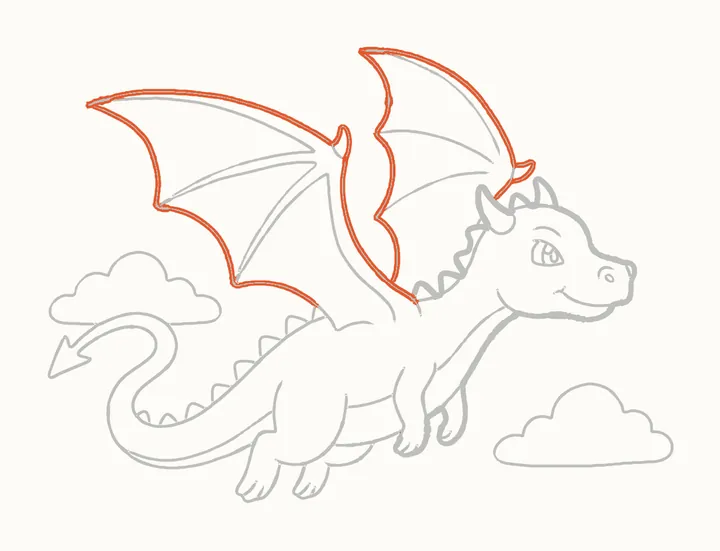 Cómo dibujar un dragón volando, paso 28: repasa las alas