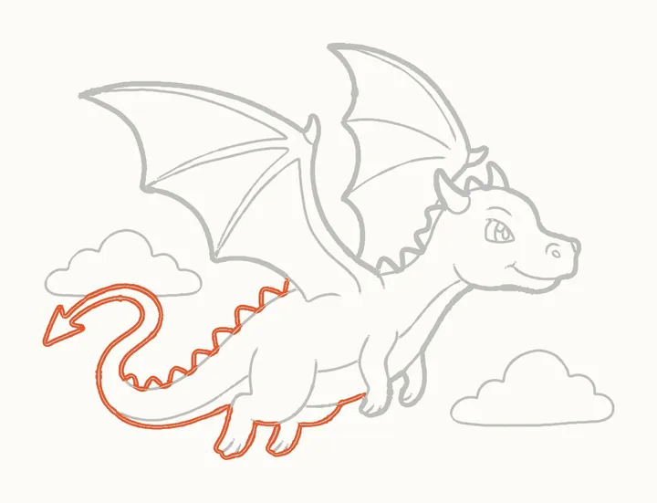 Cómo dibujar un dragón volando, paso 29: repasa el cuerpo y la cola