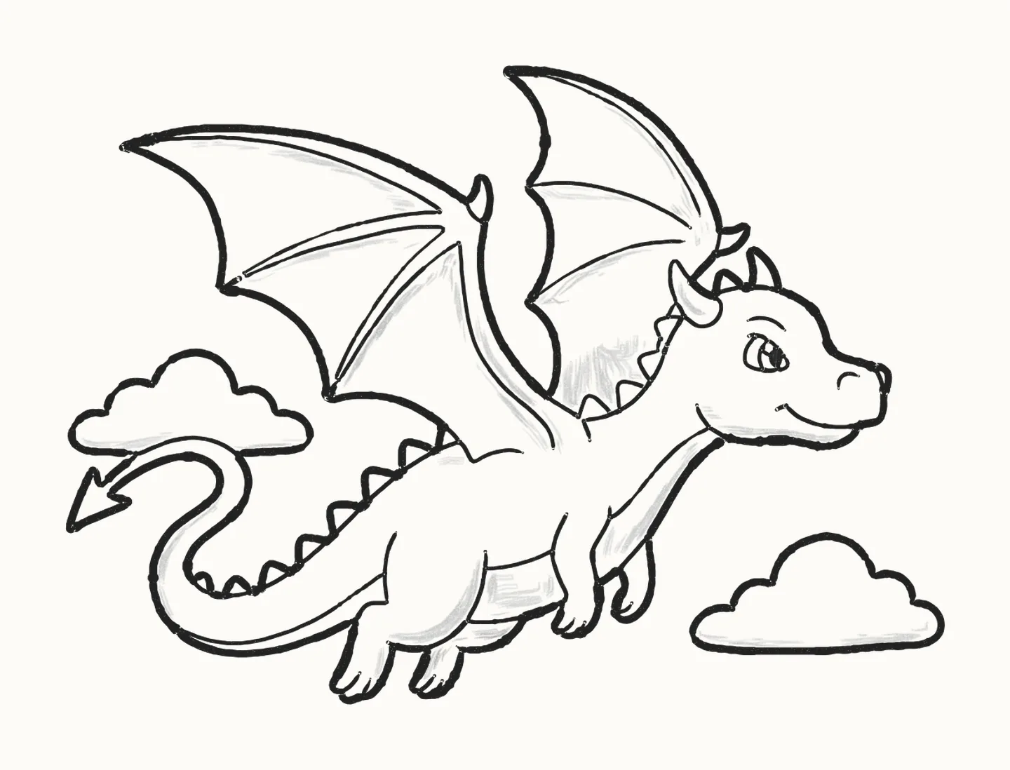 A finished pencil drawing of a cute baby dragon flying with its wings open, a curling tail and puffy clouds