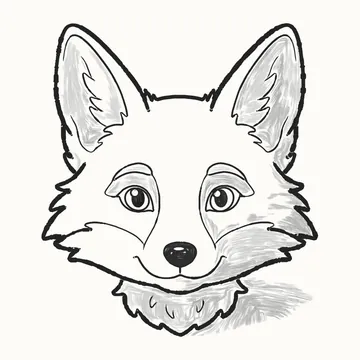 Dibujo a lápiz terminado de la cara de un zorro tierno mirando de frente, con grandes orejas peludas y puntiagudas, ojos grandes con brillo, nariz oscura, una sonrisa, mechones esponjosos en las mejillas y un collar de pelo esponjoso bajo la barbilla