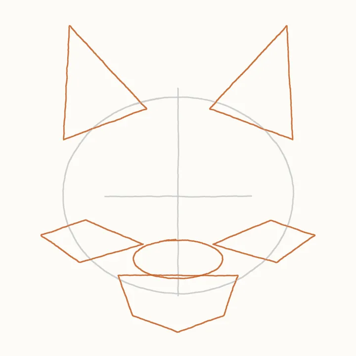 How to draw a fox face, step 2: ear, muzzle, cheek and ruff guides