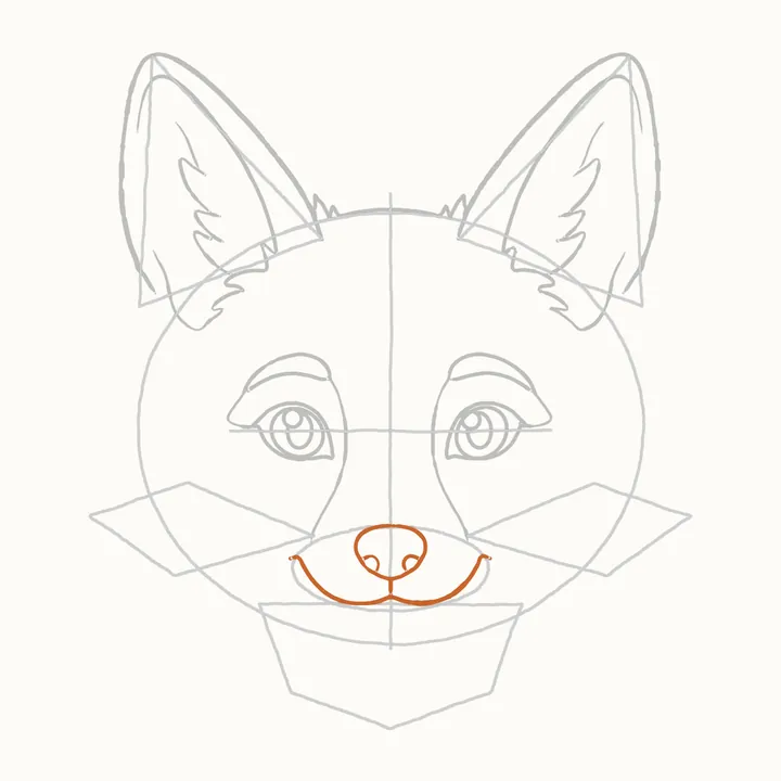 How to draw a fox face, step 8: the nose and smile
