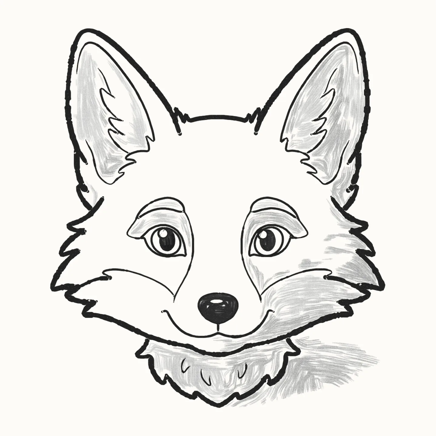 A finished pencil drawing of a cute fox face looking straight out, with big pointed furry ears, big eyes with glints, a dark nose, a smile, fluffy cheek tufts and a fluffy ruff under the chin