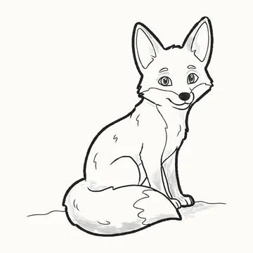 Dibujo a lápiz terminado de un zorro rojo tierno sentado, con orejas grandes en punta, la cola peluda de punta blanca enroscada alrededor de las patitas y un sombreado suave