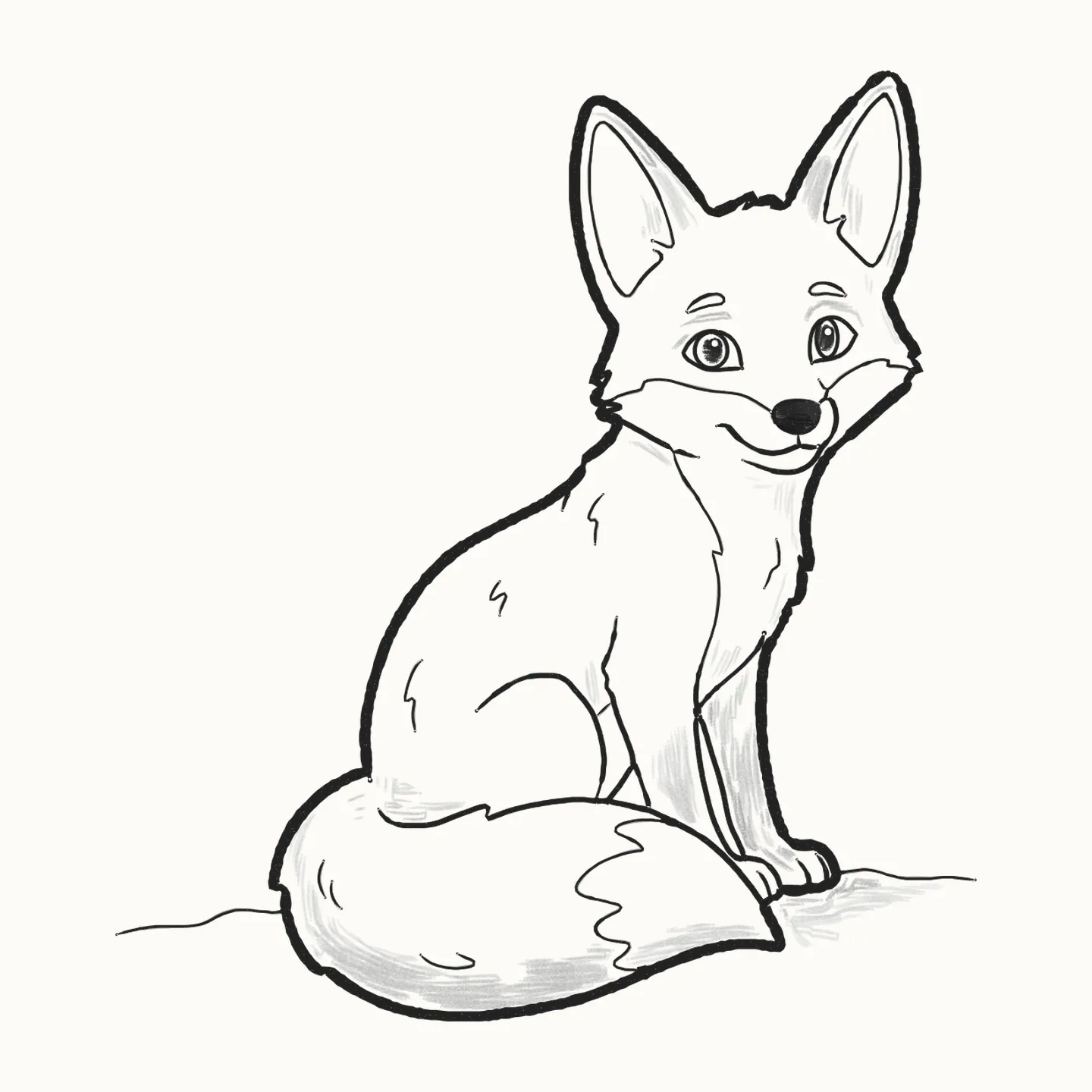 A finished pencil drawing of a cute red fox sitting with big pointed ears, a white-tipped bushy tail curled round his paws and soft shading