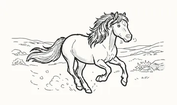 A finished pencil drawing of a horse galloping across a moor, legs gathered, mane and tail streaming behind