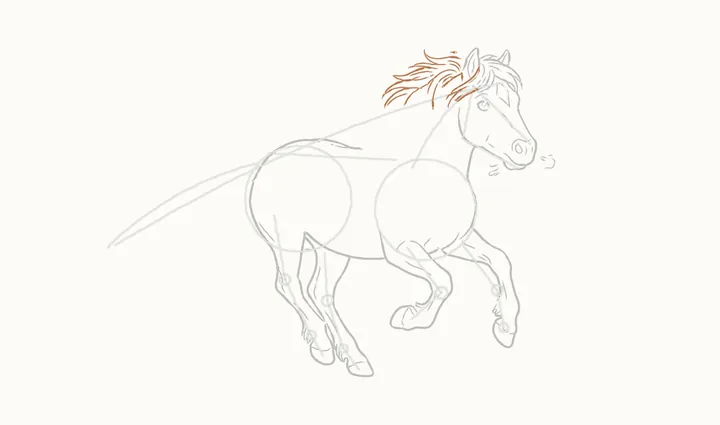 How to draw a horse running, step 13: the mane at the top