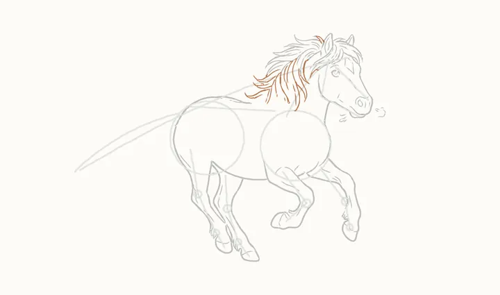 How to draw a horse running, step 14: the middle of the mane
