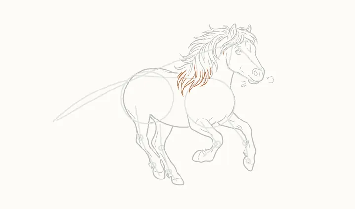 How to draw a horse running, step 15: the mane on the neck