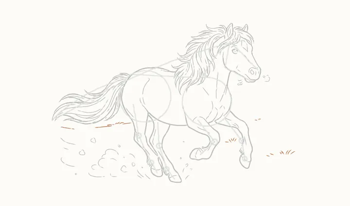 How to draw a horse running, step 20: ground and grass