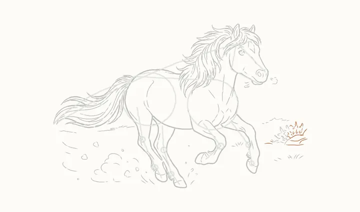 How to draw a horse running, step 22: more heather and a low rock