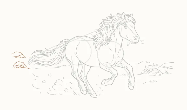 How to draw a horse running, step 24: the bush and rocks on the left