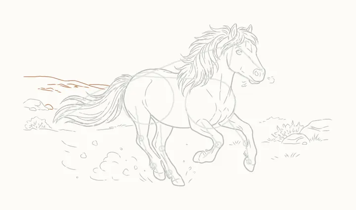 How to draw a horse running, step 25: hills on the left