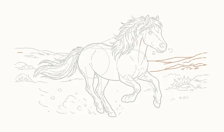 How to draw a horse running, step 26: hills on the right