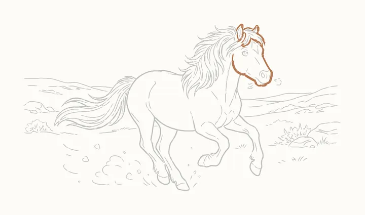 How to draw a horse running, step 28: go over the head