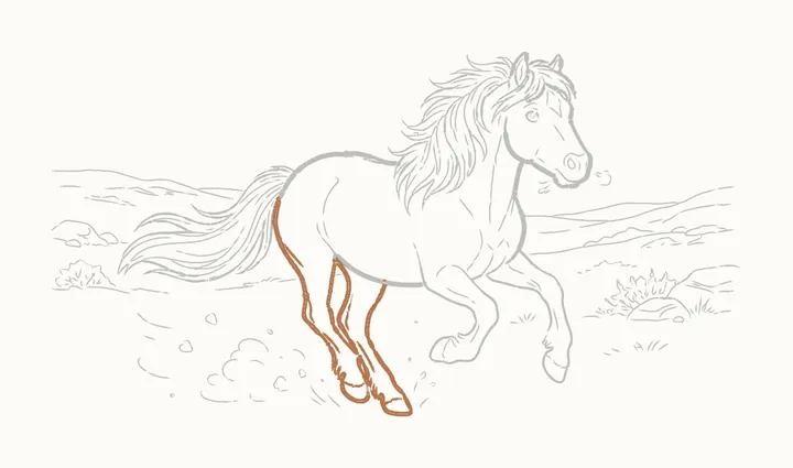How to draw a horse running, step 30: go over the hind legs