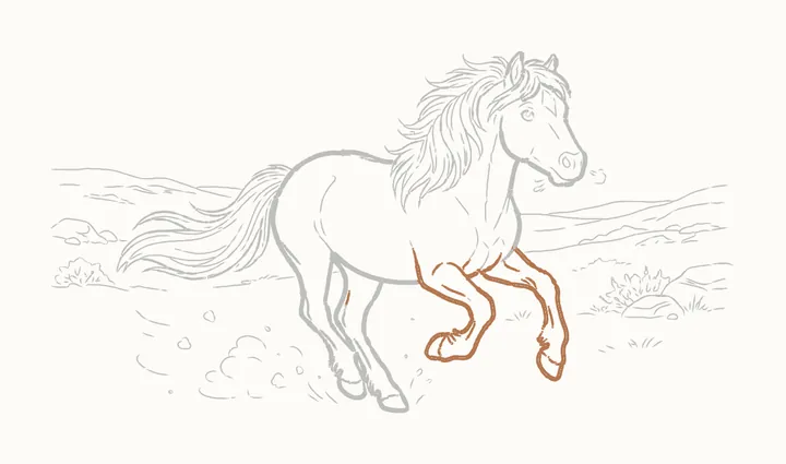 How to draw a horse running, step 31: go over the forelegs