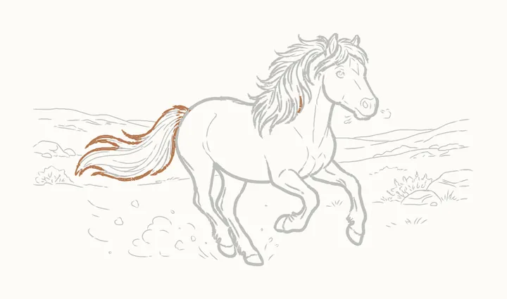 How to draw a horse running, step 35: go over the tail