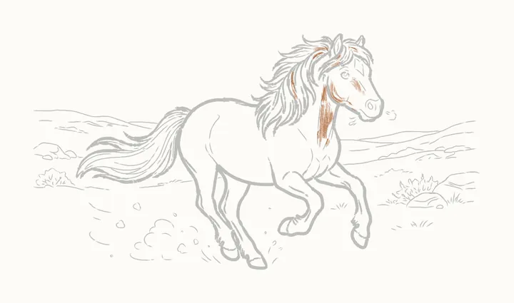 How to draw a horse running, step 36: shading the head and mane