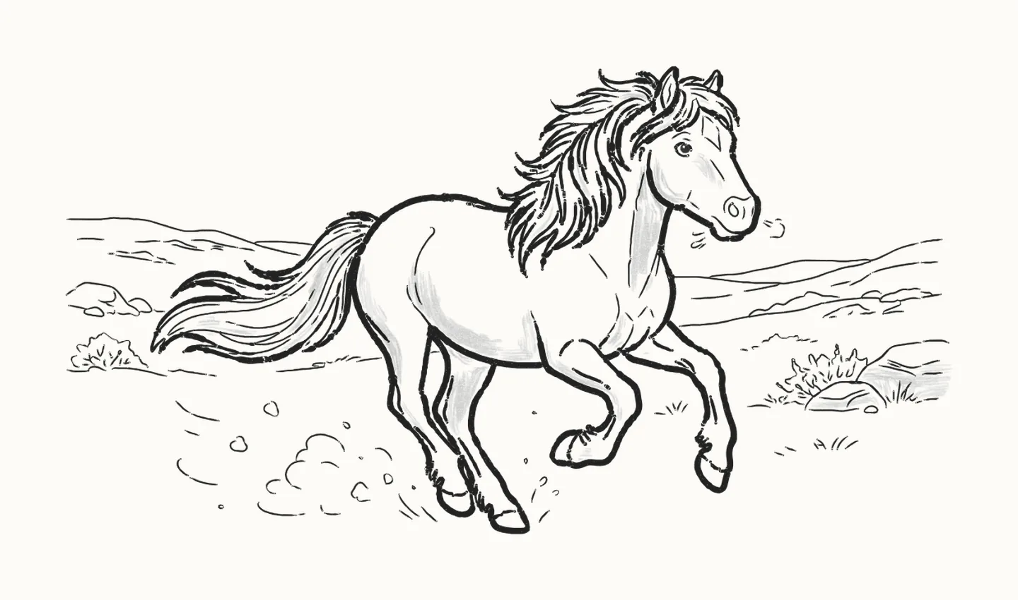 A finished pencil drawing of a horse galloping across a moor, legs gathered, mane and tail streaming behind