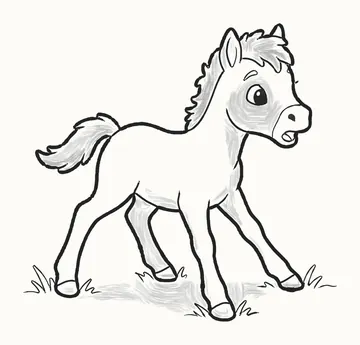 A finished pencil drawing of a cute newborn foal standing on long legs, with a fluffy mane and a short tail, on tufts of grass