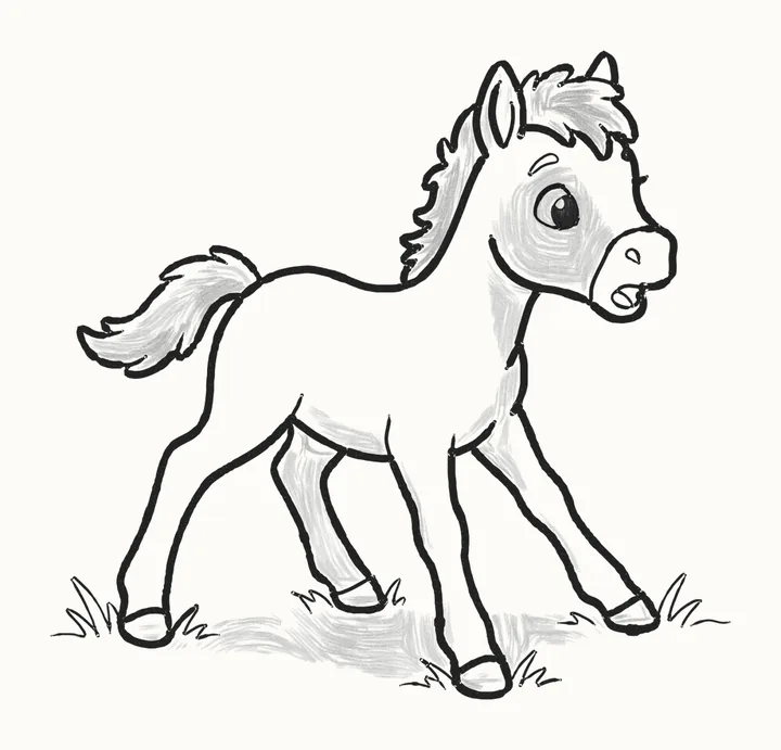 A finished pencil drawing of a cute newborn foal standing on long legs, with a fluffy mane and a short tail, on tufts of grass