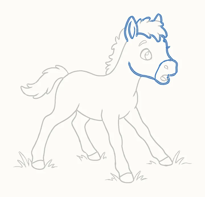 How to draw a horse, step 13: go over her head