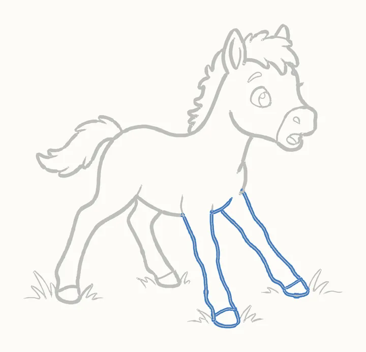 How to draw a horse, step 16: go over the front legs