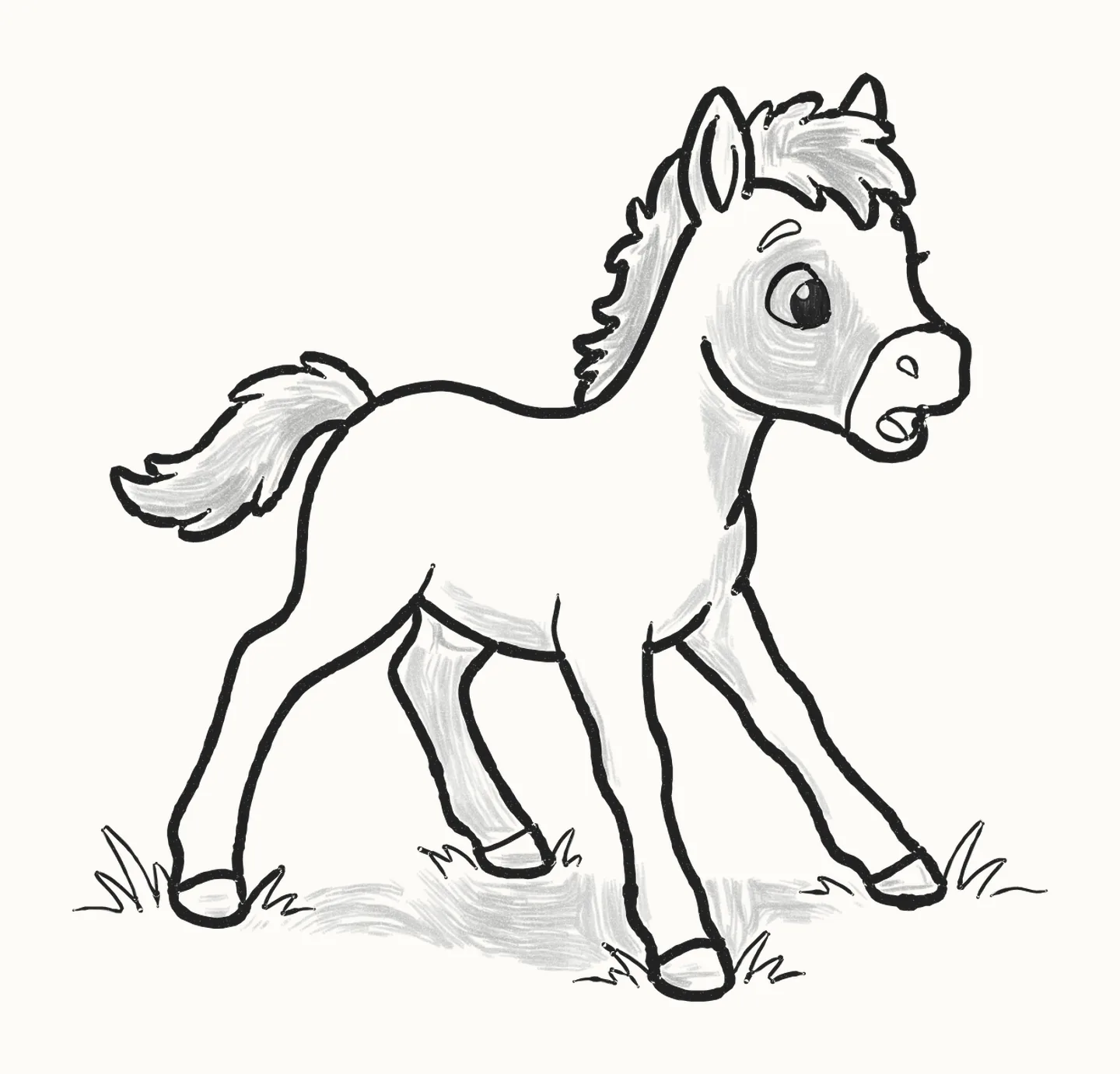 A finished pencil drawing of a cute newborn foal standing on long legs, with a fluffy mane and a short tail, on tufts of grass