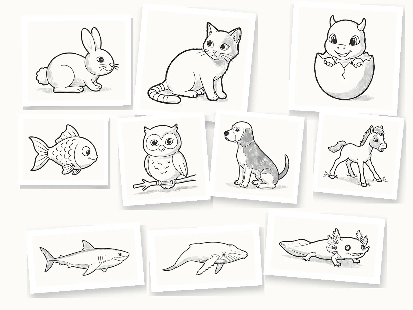 Dibujos a lápiz de un conejo, un gato, un dragón bebé, un pez, un búho, un beagle, un potro, un tiburón, una ballena y un ajolote, colgados como bocetos