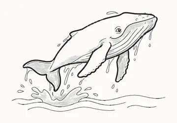 A finished pencil drawing of a humpback whale leaping out of the sea, long flippers out, water streaming off her and a splash below