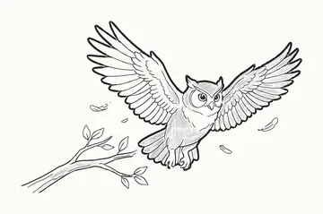 A finished pencil drawing of an owl in flight with both wings raised and talons tucked up, leaving a leafy branch
