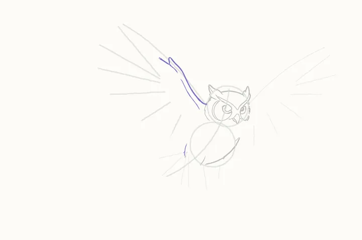 How to draw an owl flying, step 8: the near wing's leading edge