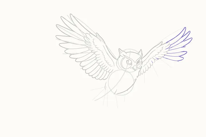 How to draw an owl flying, step 18: the far wing's primaries